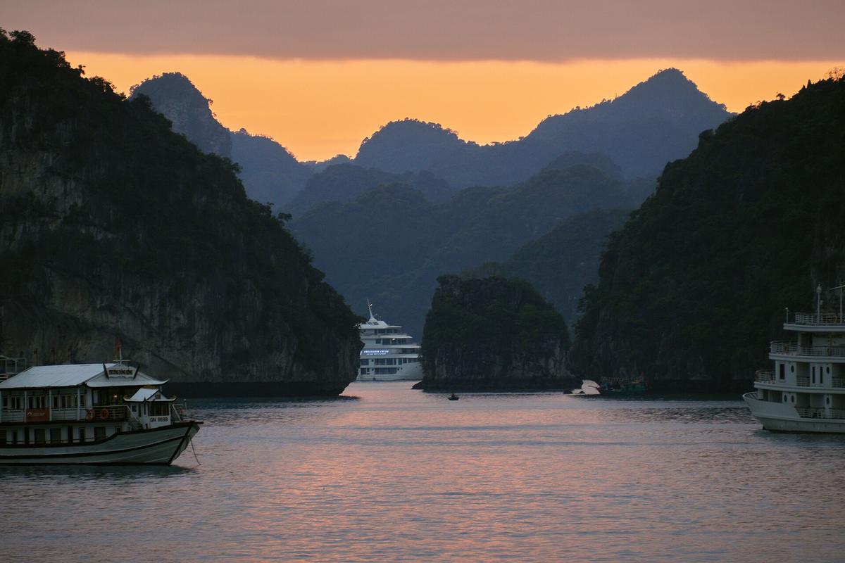 Ha Long Bay limestone islands boat